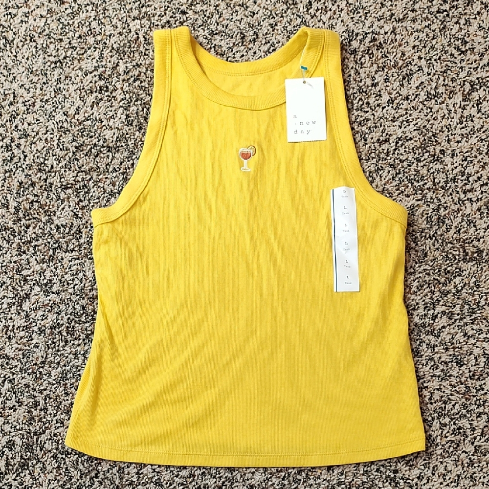 A New Day | Yellow Women's Embroidered Tropical Drink Ribbed Tank Top